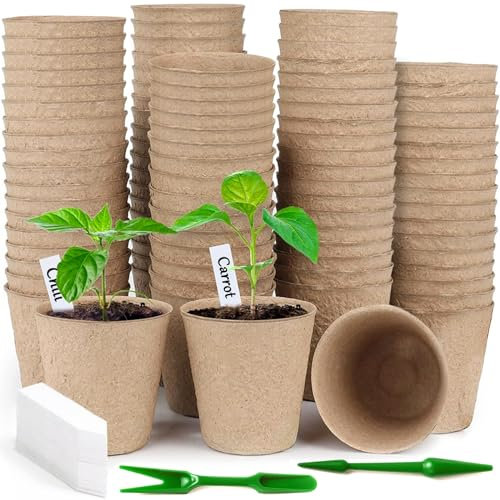 NCKIHRKK 100 Piezas 8cm Macetas de Semilleros Biodegradables para Germinacion Plántulas y Trasplantes, Macetas Pequeñas con 100 Etiquetas y 1 Herramienta