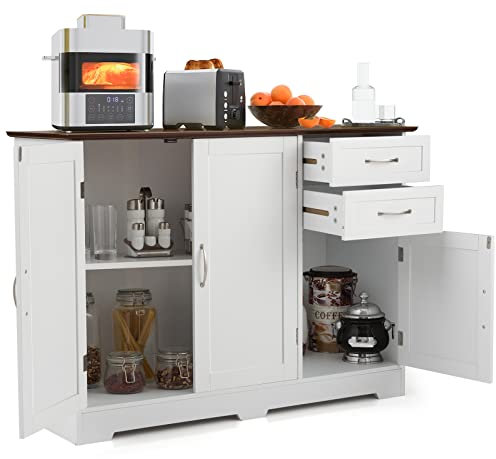 GOPLUS Sideboard Küche, Küchenschrank mit Türen & 2 Schubladen, Buffetschrank mit Arbeitsplatte & verstellbaren Einlegeboden, Aufbewahrungsschrank für Küche, & Wohnzimmer, 100 × 40 × 78 cm (Weiß)