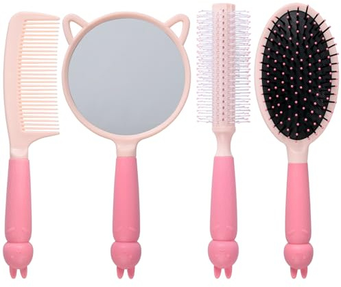 MEGAVOW 4 Stück Mädchen Haarbürste Handspiegel Set, Süßer Lockenkamm, Detangler Haarkämme, Massagekamm für Nasses, Trockenes Haar, Spiegel Klein mit Griff, Friseurkamm Geschenk für Damen | Feiner Zahnkamm, Katze, personalisierbarer Handspiegel, runde lockige Bürste für Mädchen, nasses, trockenes Haarstyling