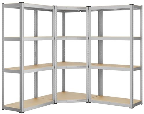 SONGMICS Eckregal-Set 4 Ebenen, Schwerlastregal, Metall, Lagerregal für Garage, Abstellraum, Kellerregal, bis 1500 kg belastbar, silbern-naturbeige GLR056E03