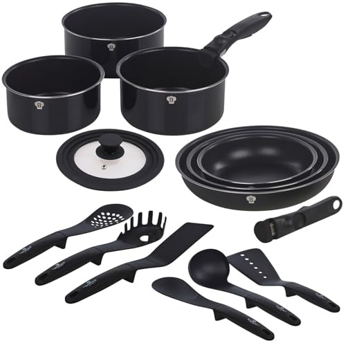 Blaumann Aluminium Induction Space Saving Cookware Pots Frying Pan Set Detachable Handle with Kitchen Accessories 6 Tools (Black Matt, 9 Pc w/ 6 Tools), comp-14594-21430+14597+14596-21455