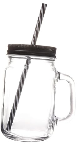 Alipis 500ML Jar Drinking Cup with Handle and Straw Lid Summer Glass Mug for Juice Picnics and Family Parties (Black)