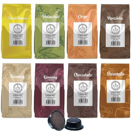 Il Caffè Dell'Emporio Kit Bevande Compatibili con Lavazza A Modo Mio Ginseng,Ginseng Amaro,The al Limone,Cioccolata,Nocciola,Pistacchio,Orzo e Caramello 128 Capsule (8 bst da 16 cps)