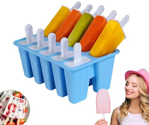 NSXIN Eisformen Silikon, 10 Kavitäten Silikon Eisformen EIS am Stiel Ice Lolly Mould Kuchen EIS am Stiel Backform Kreative Eisform mit Deckel Hausgemachte EIS am Stiel für DIY EIS (Blau)