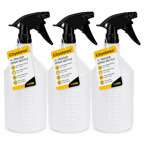 citystores® 3 Pack 1L Trigger Spray Bottle Spray Bottles Adjustable Nozzle Frost Resistant Material Measurement Marking Cleaning Gardening Water Liquids Translucent Bottle White 3801