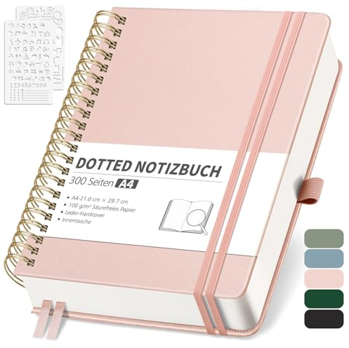 RETTACY Notizbuch A4 Liniert, Bullet Journal mit 100 g/m² Dickem Papier, 150 Blatt/300 Nummerierten Seiten, Collegeblock für Büro und Schule, Lederhülle, Roségold, 21 cm x 29.7 cm