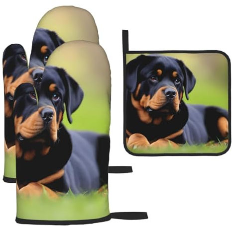 YYHHAOFA Lot de 3 gants de cuisine imperméables et durables pour four et manique pour isolation thermique et anti-brûlure Motif papier peint Rottweiler