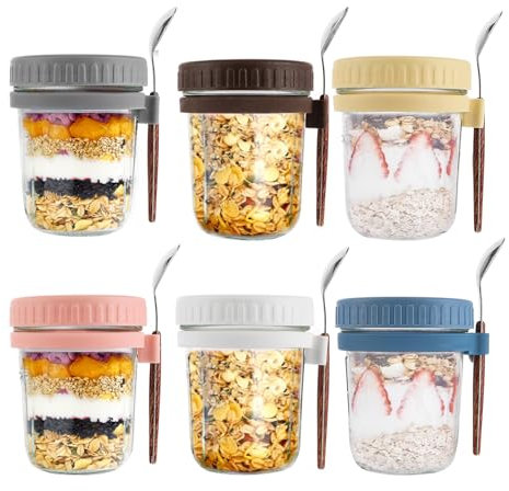 WOPPLXY Lot de 6 Pot Yaourt en Verre avec Couvercle, 350 ml Overnight Oats Jar avec Cuillère et Marques de Mesure, Pot Overnight Oat Verre Réutilisable pour Yaourts et Overnight Oats