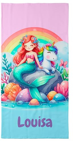 True Statements Handtuch mit Namen „Einhorn“ – EIN einzigartiges, bedrucktes Handtuch als persönliches Geschenk für Kinder, Mädchen und Beste Freundinnen! (Meerjungfrau mit Einhorn, 50 x 100 cm)