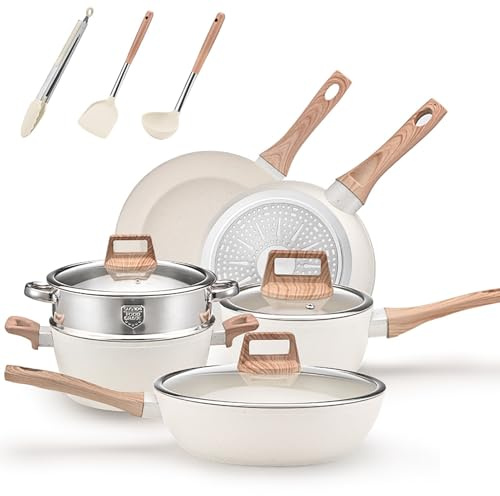12 Teiliges Topfset Induktion Kochset: Kochgeschirrset aus Medizinischem Stein mit Deckel Antihaft Ideal für Kochen Braten und Backen (Gebrochenes Weiß)