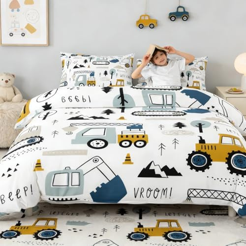Loussiesd Cartoon Car Kids Bedding Set Construction Duvet Cover for Gift Boxes Christmas Decor Equipment Trucks Comter Excavator Tractor White Yellow Bedspread Bedroom Junior/Cot Bed 2Pcs
