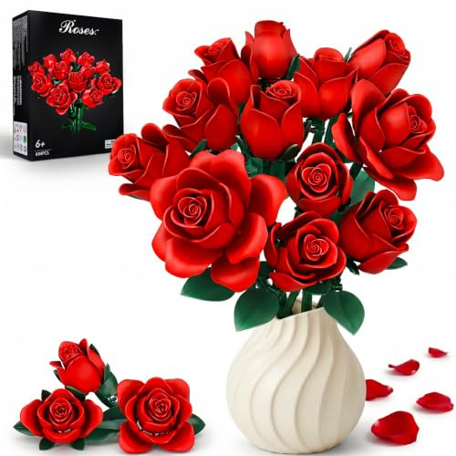 Ensemble de construction de bouquet de fleurs, 12 roses rouges artificielles collection botanique jouets éducatifs cadeau pour filles enfant femmes Saint-Valentin Noël cadeau d'anniversaire 634 pièces
