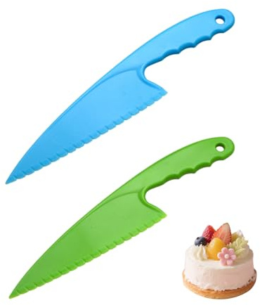 UEKPDM Plastic Serrated Cake Knife Salad Lettuce Knife Bread Pie Pastry Cutter Server Leveller Kitchen Baking Tool （2 Pieces）(Blue and Green)