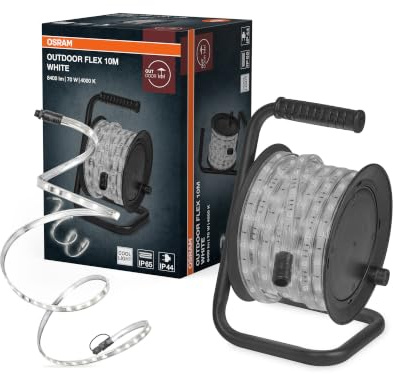Osram Outdoor Flex LED Streifen 10M IP65, kaltweiß, bis 50 m erweiterbar, inkl. Kabeltrommel, Montagezubehör, Anschlusskabel