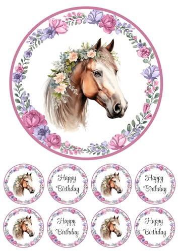 Edible 7 Pretty Horse round cake Topper Cake decoration and 8 x cupcake toppers NOT-PRECUT -WAFER paper - Birthday