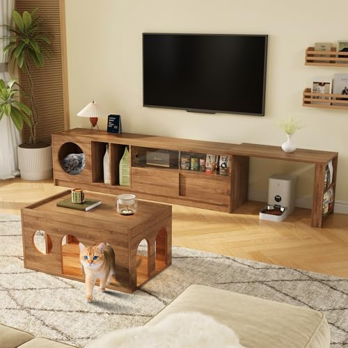Moimhear juego de muebles giratorios para salón con armario TV+mesa de café, combinación de muebles para sala de estar, muebles para mascotas, armario TV con cesta para gatos, juego de muebles de
