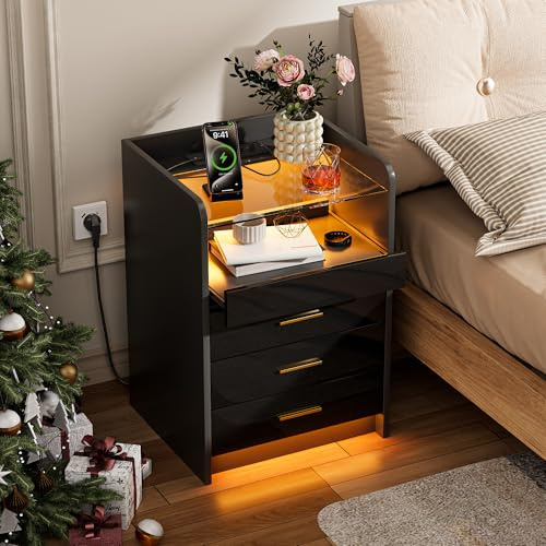Comodino con illuminazione a LED e prese, 3 cassetti, comodino Bluetooth con stazione di ricarica, tavolino con presa di corrente, 2AC/2USB, camera da letto (45 x 40 x 65 cm) (nero)