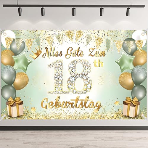 18. Geburtstag Banner, Grün Gold 18 Jahre Geburtstag Deko Mädchen Junge, 18. Geburtstag Hintergrund Banner, 18. Geburtstagsbanner für Party Deko, Alles Gute zum 18 Geburtstagbanner, 180x110cm