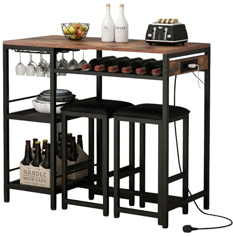 3 Pieces Bar Table Set with Power Outlet, Pub Table and Chairs Set with 2 Storage Shelves, Breakfast Dining Furniture Sets with Wine Rack & Glass Holder for Living Room,Dining Room, Rustic Brown