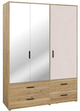 Forte MOKKARO Kleiderschrank 140 150, moderner Drehtürenschrank, 3-türig, 4 Schubladen, Spiegel, Mauvella Eiche Holzdekor-Kaschmir Beige, 144,4 cm breit x 200,1 cm hoch x 52,7 cm tief