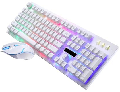 Ensemble Clavier Souris Gaming Filaire USB 104 Touches Blanc | 4 Touches Souris, Plastique Résistant, Éclairage Lumineux, Usage Maison et Café