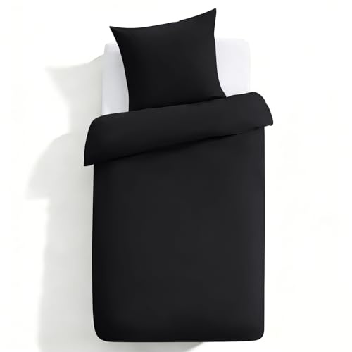 CELESTA Bettwäsche Set 2-TLG. 135x200cm Schwarz - 100% Baumwolle 1 Bettbezüge 135x200 cm + 1 Kissenbezug 80x80 cm, ÖKO-TEX Bettwäsche-Sets mit Reißverschluss, Kuschelig Weich & Atmungsaktiv