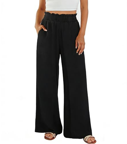 Neteson Pantalon Fluide Femme Été Lin Léger Ample Pantalon Palazzo Large | Taille Haute Elastique Pantalon de Plage Décontracté avec Poches