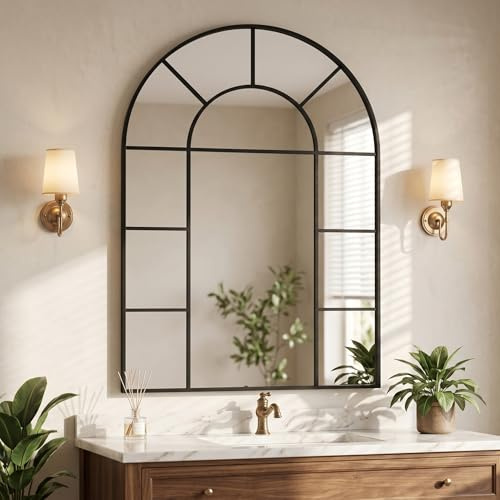 Koonmi Vintage Arched Grid Bathroom Wall Mirror, 100 x 76 cm, Black | Tempered glass, Shatter-resistant design, Decorative grid design, Vintage engraved detailing