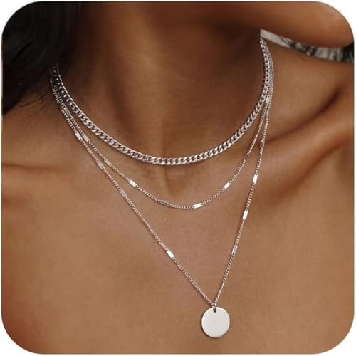 EJRUP 3 st Layeringshalsband för kvinnor, silver, kubansk kedja med metallplattor, delikat boho choker-halsband med enkel skivhänge för kvinnor och flickor