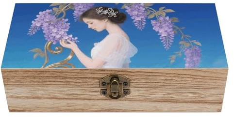 Caja de almacenamiento de madera con figura de dama envuelta en enredaderas y cabello de lirio, caja de madera con tapa abatible, cofre de madera rústico vintage para guardar joyas, fotos, recuerdos,