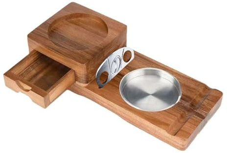 BOYANDM Moderno cenicero de madera Stogie equipado con compartimento de almacenamiento y soporte para bebidas para uso en patio, cenicero Stogie de madera con área de almacenamiento combinada