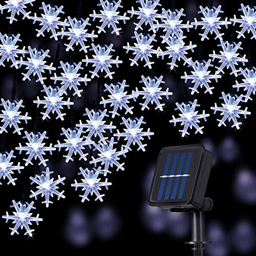 Schneeflocke Solar Lichterketten, 50 LED 23 Füße 8 Modi Wasserdichte Solarbetriebene Lichterketten für Patio Haus Garten Outdoor Urlaub Weihnachtsbaum Party Dekorationen (Weiß)