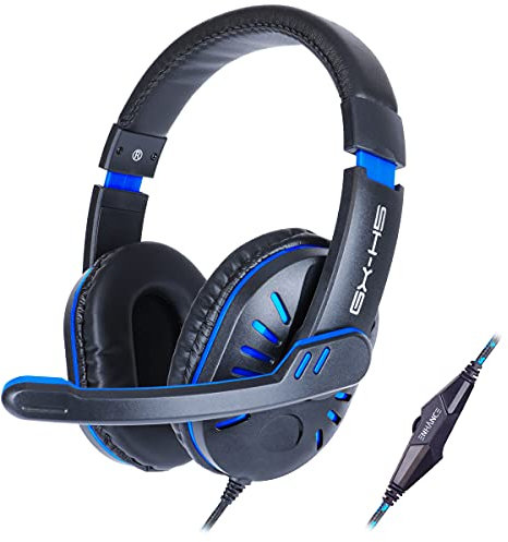 ENHANCE Auriculares para Juegos GX-H5 con micrófono Giratorio - Diadema Ajustable, Controlador de Volumen con Cable Trenzado, Auriculares USB con Aislamiento de Sonido, Cable Divisor Incluido (Azul)