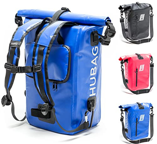 HUBAG 4in1 Fahrradtasche mit IPX6 Zertifizierung - 25L Groß - Wasserdicht & Reflektierend - Gepäckträgertasche, Fahrrad Rucksack, Umhängetasche und Drybag für Gepäckträger (in Blau)