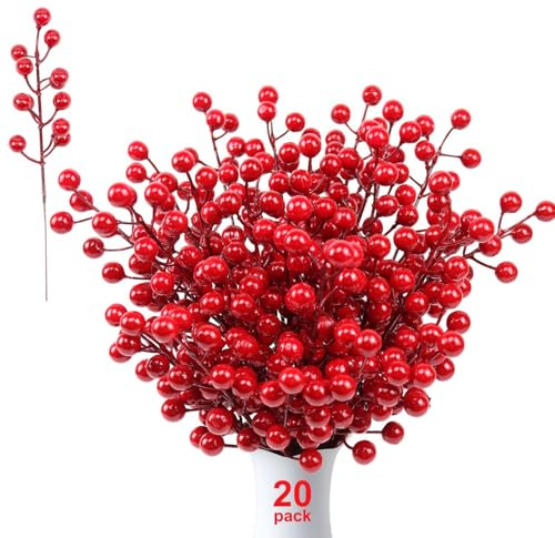 Feizeisun 20 Stück Künstliche Rote Beeren, 26cm Holly Zweige Picks für Weihnachtsbaum Dekoration, Ideal für Dekoration und Kunsthandwerk