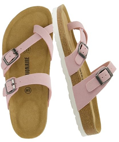 CUSHIONAIRE Luna Sandals for Women, Cork Footbed Womens Sandals for Summer Comfort with Adjustable Straps, Wide Width Available, PINK 8.5