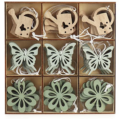 com-four® 36x Dekoaufhänger aus Holz - Schmetterling, Gießkanne, Blüte - Frühlingsdeko - Holzschmuck zum Aufhängen am Osterstrauch - Osterdekoration (36x - Blume/Falter/Gießkanne)