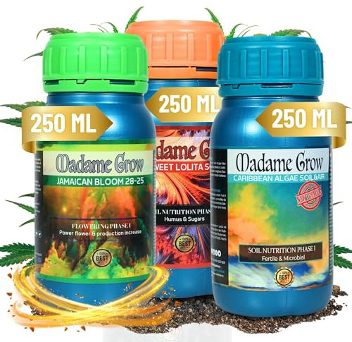 MADAME GROW - Concime Organico - Fertilizzante per la coltivazione di piante 420 - Alghe, energia e fioritura PK - Massimo rendimento - Massimo raccolto - KIT IBIZA (3x250ml)