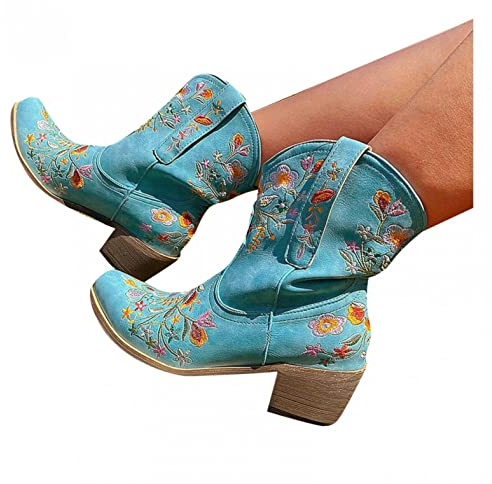 Hbeylia Cowboy Boots For Women Vintage Embroidery Pointed Toe Chunky Mid-Heels Western Cowgirls Boots Retro Slip On Wide Mid Calf Boots Riding Knight Ankle Booties