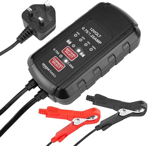 Amazon Basics Automatic Smart 12V Battery Maintainer, UK Plug, Output: 0.75A/1.25, Black