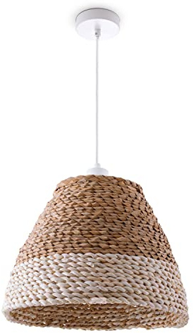 Paco Home Pendelleuchte Esstischlampe Esszimmer Pendellampe Korb Optik 1,5m Textilkabel E27 Rustikal Boho Hängelampe, Farbe:Beige (Ø34 cm), Leuchtenart/Farbe:Pendelleuchte - Weiß