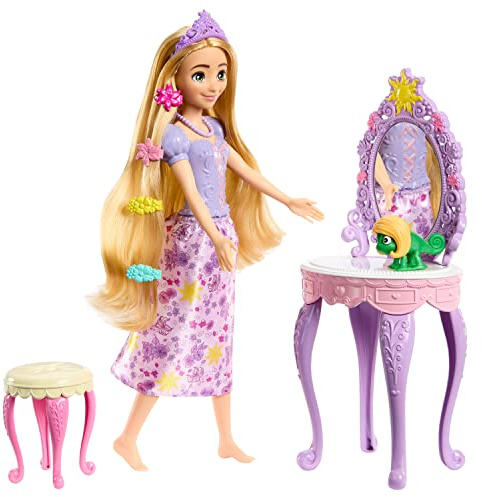 Mattel Disney Princess Coffret Avec Poupée Raiponce Inspiré Par Le Dessin Animé, Coiffeuse Violet Et Rose Et 10 Accessoires, Figurine Pascal À Clipser, Jouet Enfant, Dès 3 Ans, HLX28