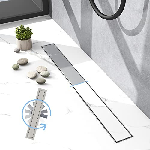 Biubiubath Canaleta de ducha de acero inoxidable de 80 cm, sifón a 360° con antiolor, colador de ducha, desagüe de suelo para baño, juego completo con fijación al suelo, doble cara