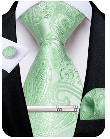 DiBanGu Herren Seidenkrawatte Paisley Floral Krawatte Set mit Einstecktuch Manschettenknöpfe Krawattenklammer für Hochzeit Business, mintgrün, Einheitsgröße