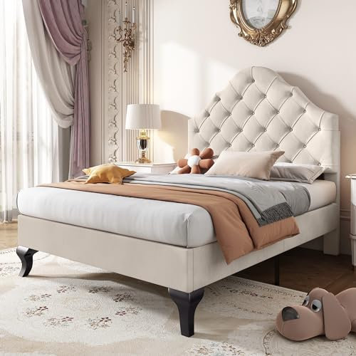 BTM Single Bed 90 * 190, Upholstered Bed with Slatted Frame and Headboard, Upholstered Bed with Height-adjustable Headboard, Velvet, Beige