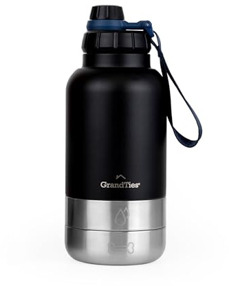 GrandTies Insulated Portable Dog Water Bottle with 2 Detachable Dog Water Bowl Dispenser | Leak-Proof Dog Food Travel Container | Dog Accessories for Dogs Walking, Hiking, Camping (32oz, Matte Black)