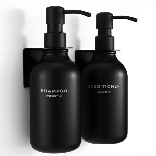 Shampoo and Conditioner Dispenser Wall Mounted Set of 2 Black - No Drill Shower Soap Dispenser for Bathroom Refillable - Spa Hotel Style Accessories by MaisoNovo