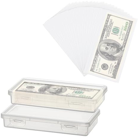 2 pièces Caisses à Monnaie en Plastique avec 100 Pochettes Transparente Cash Boite Caisse Billet Boîte de Rangement d'argent for Cash 19x9,3x3 cm