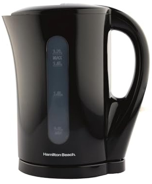 Hamilton Beach Electric Kettle, Essential, Plastic, 1.7L, Boil Dry Protection, Detachable Filter, Ergonomic Design, Pull Lid, Makes 7 Cups, Auto Shut Off, Water Level Window - HB1107B, Black | Wide-Opening Lid