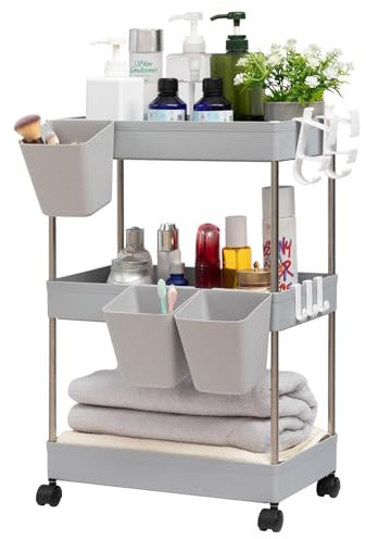 DOEWORKS Servierwagen mit Rollen Küchenwagen Schmal Rollwagen 3 Ebenen Aufbewahrungswagen mit 3 Hängebechern Mehrzweck Aufbewahrungsregal für Küche Badezimmer Schlafzimmer Büro, Grau